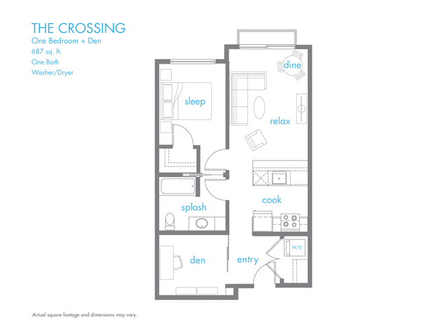 Floor plan for 1 bed, 1 bath, 687 sqft